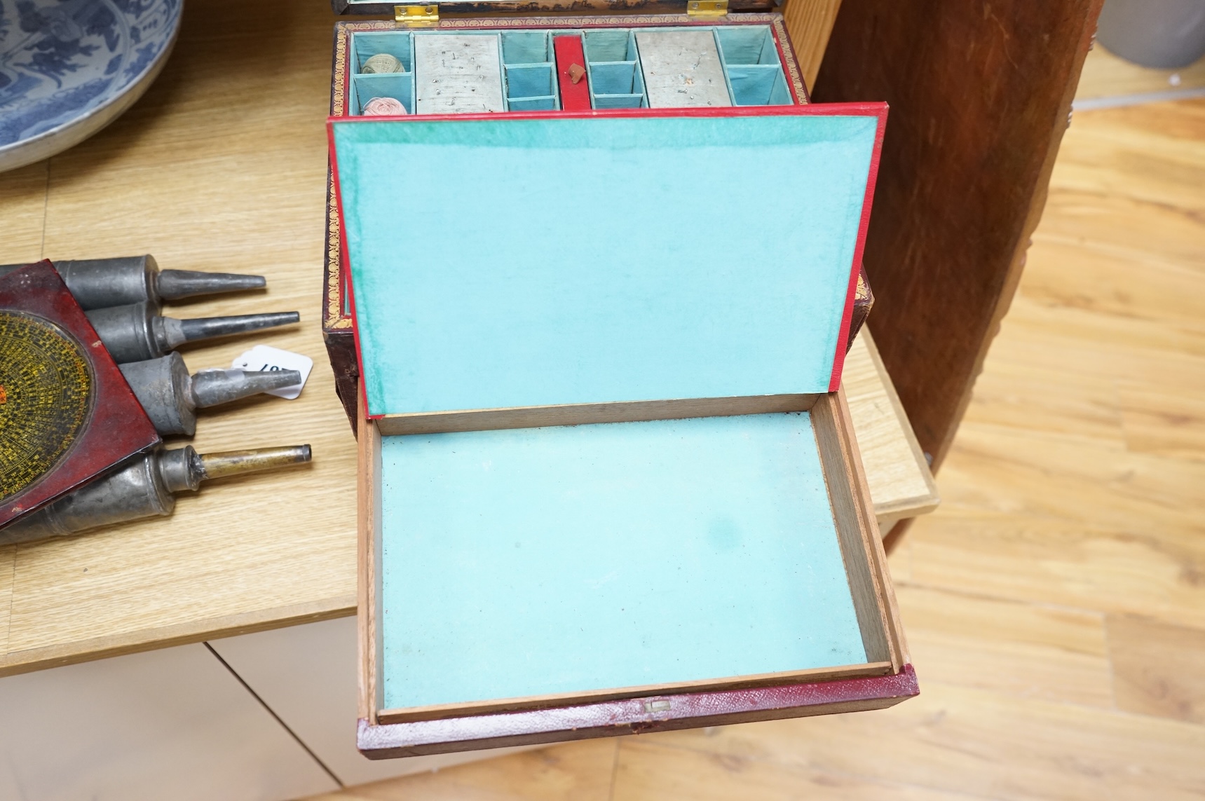 A Regency Morocco leather sewing and writing casket, 26cm and a Chinese Feng shui compass